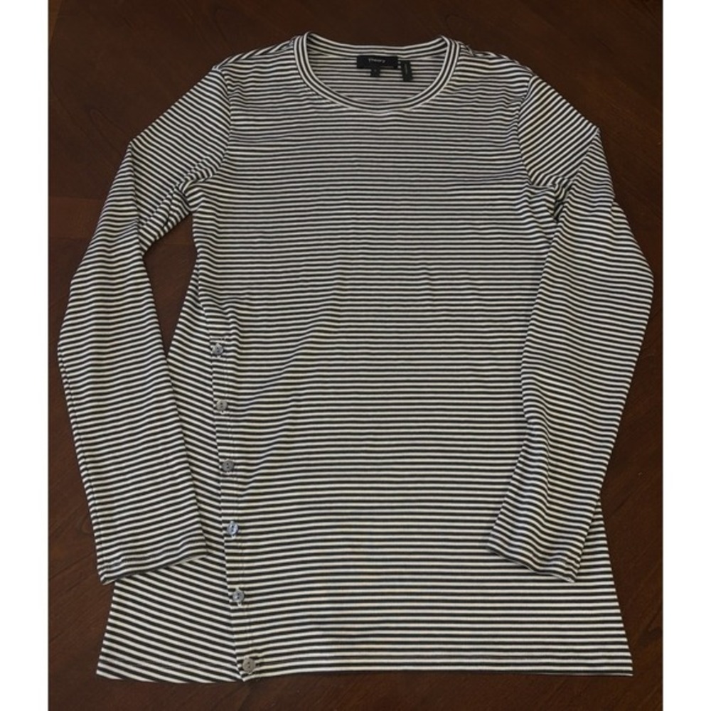 Theory Button-Hem Long-Sleeve Tee in Striped Stretch Knit Size L‎